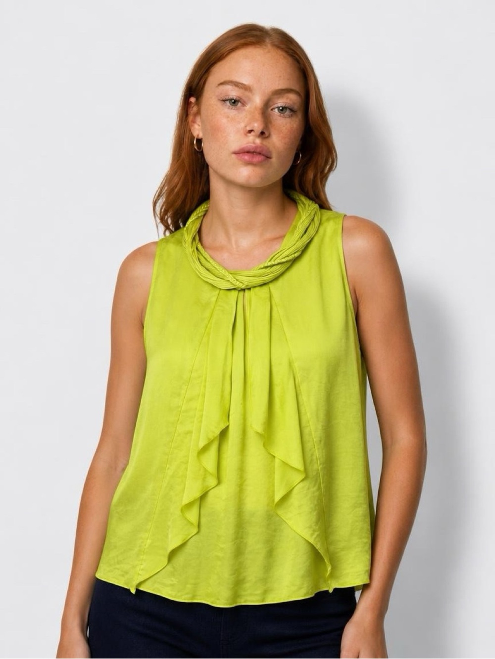 Milano Chartreuse Draped Braided Neck Sleeveless Blouse XL